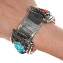 7 1/8&quot; Large Vintage Navajo silver, turquoise and coral watch cuff bracelet - $430.65