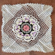 Vintage Crochet Raised Flower Doily 16 Inch Pink Purple White Yellow Square - £25.82 GBP