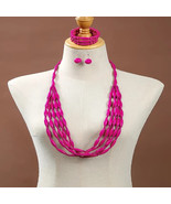Wooden Women&#39;s Boho Chic Necklace Earring &amp; Bracelet Beaded Set Rose Red... - $35.71 CAD