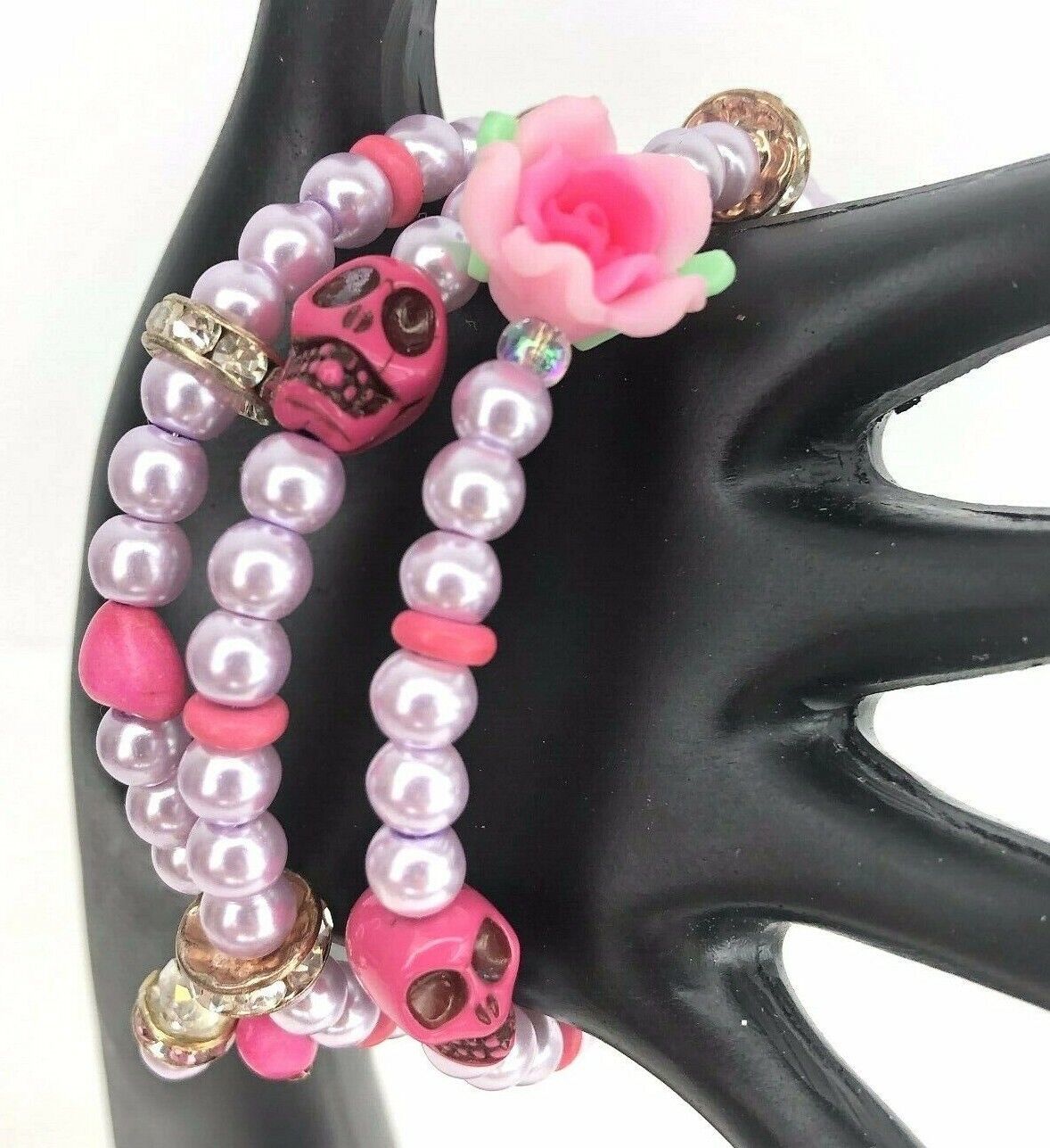 Primary image for Pink Pearl Rose Sugar SkullRhinestones Stack Bracelets Memory Wire Handcrafted 