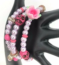 Pink Pearl Rose Sugar SkullRhinestones Stack Bracelets Memory Wire Handcrafted  - £23.69 GBP