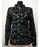 Flower Pattern Black Leather Leaf Jacket Women All Colors Sizes Genuine ... - £176.52 GBP