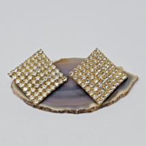 Vintage Clear Rhinestone Gold Tone Clip On Earrings Large Square - $16.95