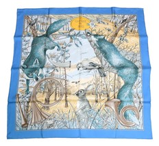 Hermes Scarf Chasse au bois 90 cm silk blue Carre fox animal hunter 35&quot; 095 - $860.90