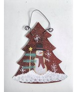 Rustic Tin Holiday Christmas Tree Ornament w Hand Painted Snowman Scene ... - £3.93 GBP
