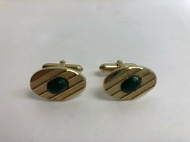 Vintage SWANK Cufflinks - Oval Gold Tone with Opaque Green Stones - £11.23 GBP