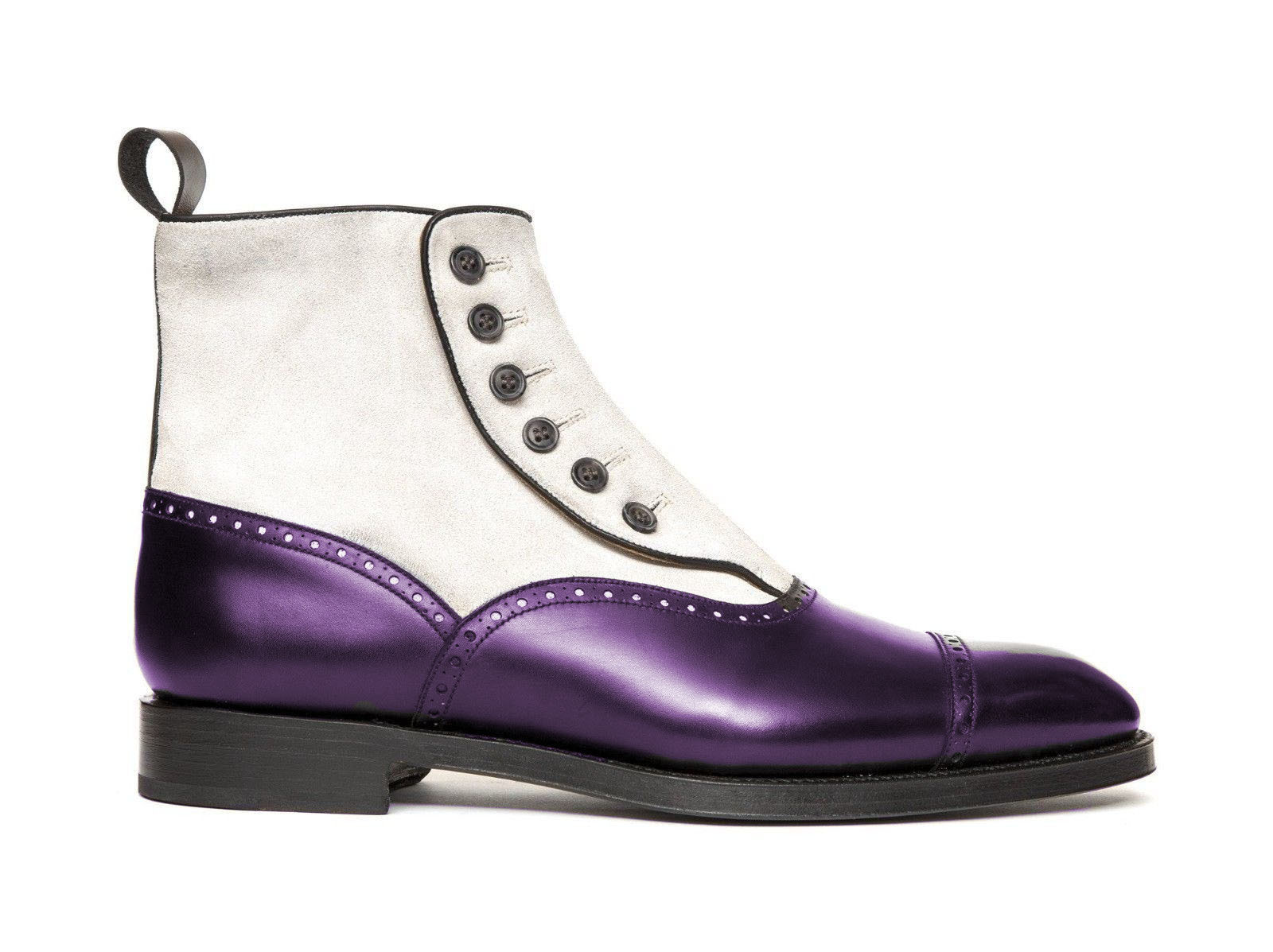 New Handmade Men's Ankle High Boot, Men's Purple White Leather & Suede Button B