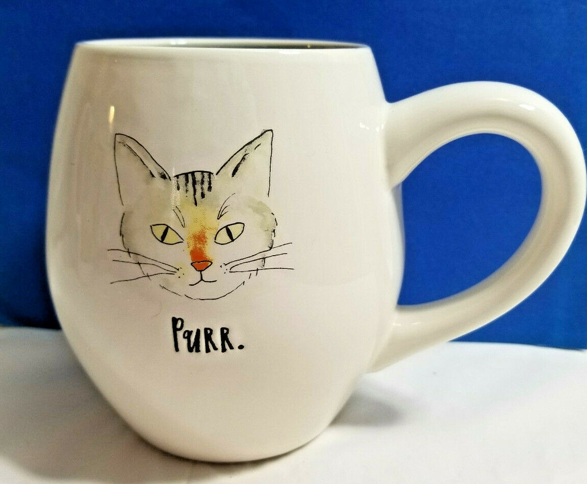 Primary image for Rae Dunn PURR Kitty Cat Grey Face Magenta Mug Coffee Tea Cup White