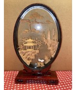 Vintage Chinese Cork Art Pagoda City Trees Cranes Glass Display 12&quot; x 7”... - £29.33 GBP