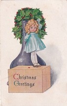 Christmas Greetings Girl On Box Holly Purple Vase Postcard B33 - £2.23 GBP