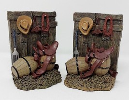 Vtg Heavy Resin Western Cowboy Bookends Saddle Lasso Holster Stetson Hat Barrel - £13.67 GBP