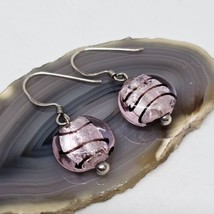 925 Sterling Silver - Pink Purple Swirl Lampwork Glass Drop Dangle Earrings - £13.58 GBP