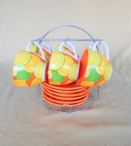 Awesome Opalina 6 cup &amp; saucer set w/ chrome caddy in citrus fruit pattern - £35.97 GBP