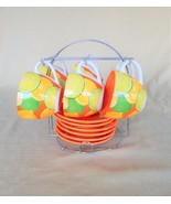 Awesome Opalina 6 cup & saucer set w/ chrome caddy in citrus fruit pattern - £35.18 GBP