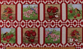 24&quot; X 44&quot; Panel Apple Baskets Birds Fruit Flowers Fall Cotton Fabric D383.21 - £6.27 GBP