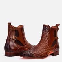 The Rolls Boot Woven Tan Leather Double Monk Strap Handmade Men Shoe image 12