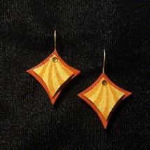 Curvy Square Jewelry Art Earrings In Orange And Gold With Swarovski Crystals - $47.49