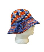 1970s Crochet Bucket Hat Blue Orange Retro BOHO Hippie Beanie Knit Vintage - £15.12 GBP