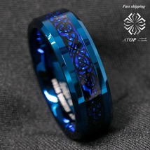 8Mm Blue Tungsten Carbide Ring Carbon Fibre Black Celtic Dragon Men&#39;s Jewelry - £23.49 GBP