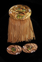 Gypsy demi parure - Dramatic fringe brooch - gold Abalone clip on earrings - gol - £139.38 GBP