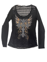 Miss Me Black Embroidered Embellished Long Sleeve Knit Cross Shirt Size Med - £11.00 GBP