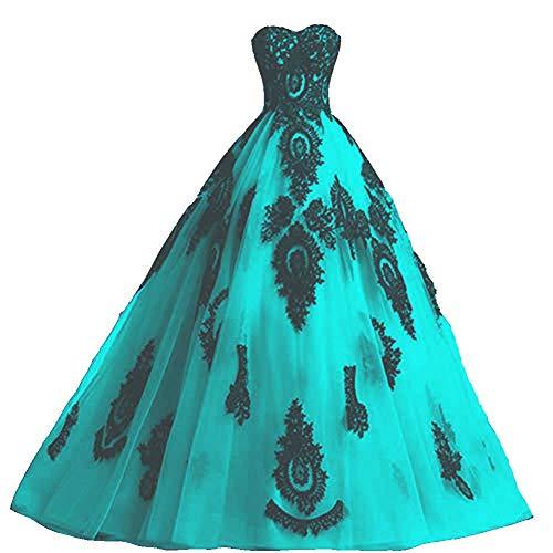 Plus Size Long Ball Gown Black Lace Gothic Evening Prom Dresses Aqua Blue US 22W