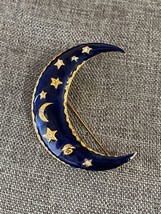 Vintage Blue Enamel Crescent Moon Gold Tone Rhinestone Celestial Stars Brooch - £20.40 GBP