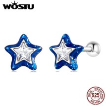 WOSTU 925 Silver Double Color Blue White Star Stud Earrings For Women Shiny Zirc - £17.65 GBP