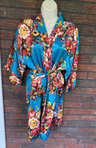 Teal Floral Robe Medium Kimono Asian Cheongsom Tie Silky Wrap Housecoat ... - $7.60