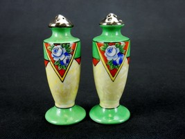 Japanese Salt &amp; Pepper Shakers, Pearlescent w/Pale Green, Triangles &amp; Fl... - £11.57 GBP