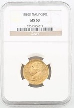 1886-R Italy Gold 20 Lire Graded by NGC as MS-63! G20L Rome Mint - £577.47 GBP