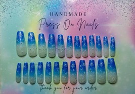 24pc Handmade Press on Nails Blue Gradient White Silver Snowflake Long L... - £7.99 GBP