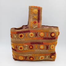 Vintage 60-70s Burlap Lined Purse Embroidered Jute Handbag Boho Crewel Yarn Hip - £15.09 GBP
