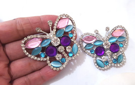 2 pcs Butterfly Purple Tone Multi color Rhinestone Brooch 2&quot; / 5 cm Width B421 - £6.36 GBP