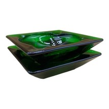 Mid-Century Square Pattern Anchor Hocking Green Forest Glass Ashtray 4.5” Pair - $17.81