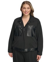 Calvin Klein Plus Size Faux-Leather-Trim Long-Sleeve Jacket - Black - £28.91 GBP