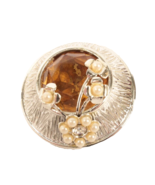 Vintage Brooch with Large Orange Amber Rhinestone and Faux Pearls Silver... - $16.97 CAD