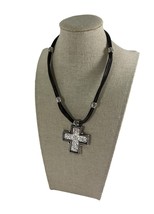 Premier Designs Corded Cross Pendant Necklace Black Silver Tone Religious 14-16&quot; - $11.88