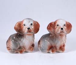 Dog Figurine Salt and Pepper Shakers Brown and White Porcelain Vintage - $11.99