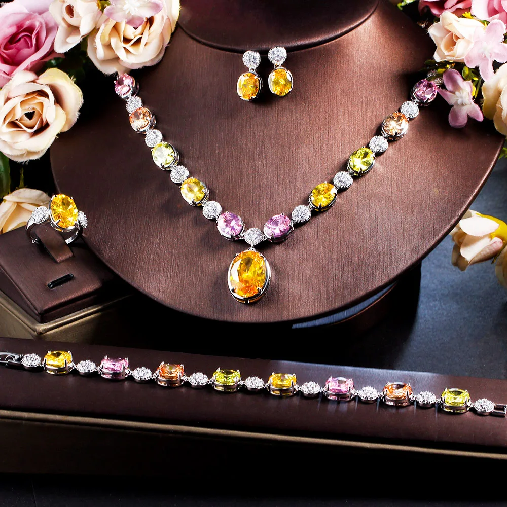 Elegant Colorful Druzy CZ Stone 4 Pcs Women Party Wear Wedding Big Necklace Jewe - £55.96 GBP