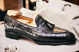 Handmade Men&#39;s Black Leather Tassels Shoes Moccasins Crocodile Embossed Calfskin - £125.80 GBP