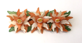 MCM Mod Brooch Orange &amp; White Flowers Bar Pin Molded Style Yellow Green Accents - £15.44 GBP