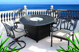 Dining table with fire pit in middle 5 piece patio cast aluminum furnitu... - £1,997.59 GBP