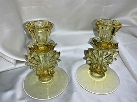 Vintage Pair Fostoria Glass Topaz Yellow BAROQUE Candle Stick Holder - £52.40 GBP