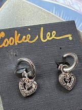 Cookie Lee Faux Marcasite Silvertone HOOP w Heart Dangle Earrings for Pierced - £9.05 GBP