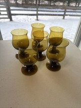 6 Tulip Smokey Amber Hand Blown Goblets Vintage 5&quot; Tall 3&quot; Diameter 3.75... - $20.00