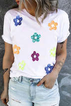 White Sequin Flower Patch Graphic Round Neck T Shirt - $19.22