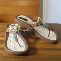 Grandco Size 7 Sandals Rainbow Beaded Thong Flip Flop Brown Foam Cork - $27.44