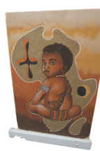 African Baby Sand Painting On Wood Base 16&quot;W x 23&quot;Tall - $49.50