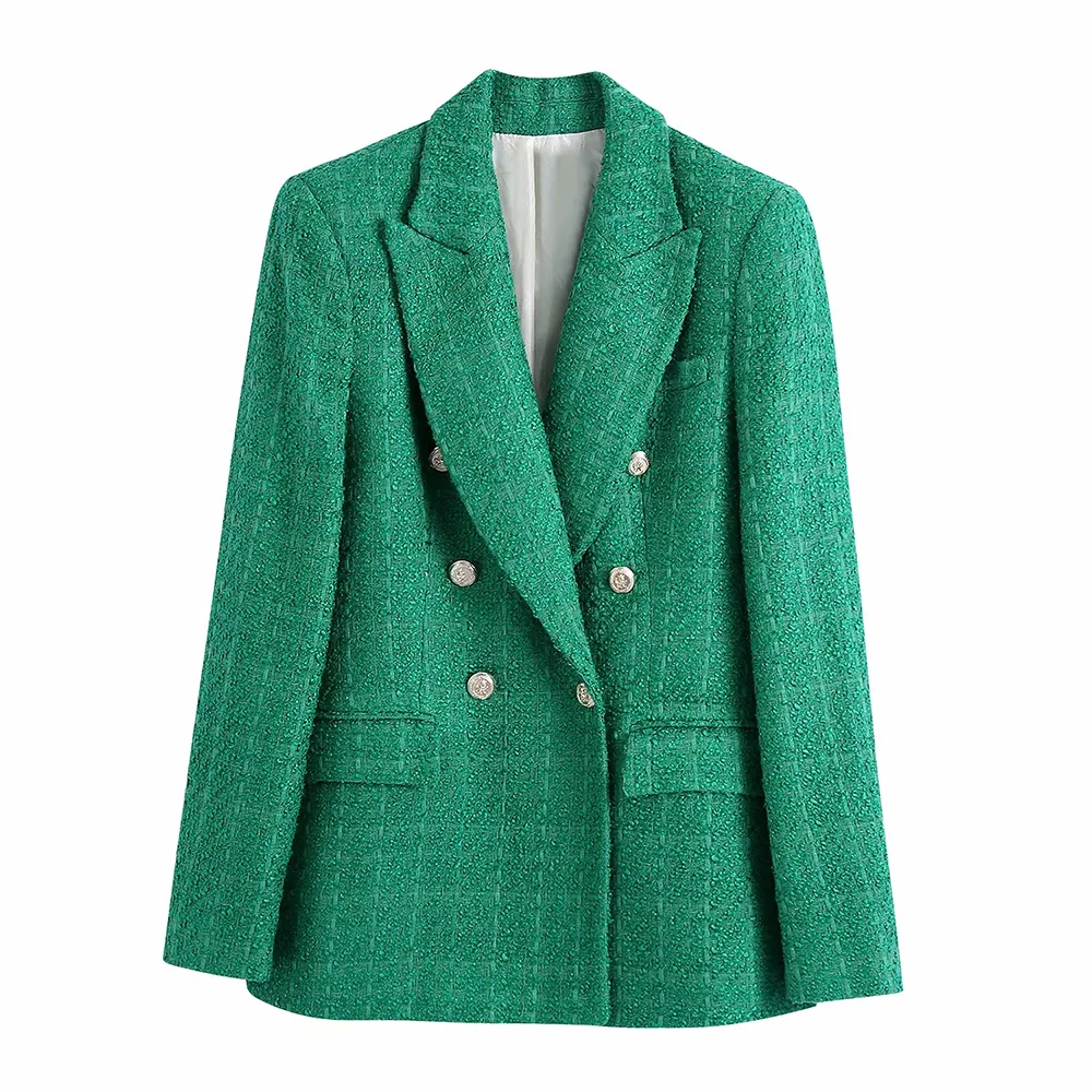 XIKOM 2021 Autumn Women Solid Tweed Pockets Office Lady Blazer Coat Female Vinta - £145.77 GBP
